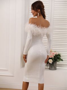 Long Sleeve White Cocktail Dress With Feathers On Top – Faeriesty Wedding Jamaica, White Christmas Dress, White Feather Dress, Dresses For Formal Events, Dress With Feathers, Stile Casual Chic, White Sequin Dress, Engagement Party Dresses, White Cocktail