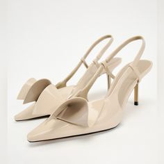 Nwt Zara Woman Heeled Pump With Bow Shoes Size 6.5 Wedding Pumps, Ankle Strap High Heels, Kitten Heel Sandals, Types Of Heels, Kitten Heel Pumps, Bow Shoes, Women's Mules, Bow Knot, Stiletto Sandals