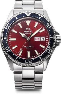 Orient Watch Mako Automatic Mechanical RN-AA0003R Men's Red DescriptionWindshield material: Sapphire glass Display Type Analog Clasp: Push W lock three-fold Case Material: Stainless Steel Case diameter/width 46.8 millimeters Case thickness 12.8 millimeters Band Material/Type: Stainless Steel Band width 22 millimeters Band Color: Silver Dial Color: Red Bezel Material: Stainless Steel Bezel function: Diving bezel Calendar function Day Date Movement Automatic Water resistance: 200m Payment Please pay within 5 days after the auction closed. Shipping Shipping is by Fedex, DHL or Japan Post. Preference will be given to couriers with shorter shipping times. Delivery is about 1 week. Please a message in the case of expedited shipping. Returns Returns are accepted ONLY if the item was not the item Red Automatic Watch With Round Dial, Red Automatic Watches With Round Dial, Red Automatic Watch For Gift, Classic Red Chronograph Analog Watch, Red Classic Analog Chronograph Watch, Classic Red Analog Chronograph Watch, Automatic Red Watch Accessories For Gifts, Automatic Red Watch Accessories As Gift, Red Automatic Watch Accessories For Gifts