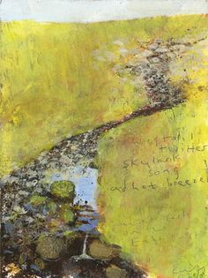 a painting with words written on it and water running down the hill in front of it