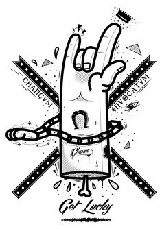 a hand making the number one sign with scissors and other symbols around it, in black and white