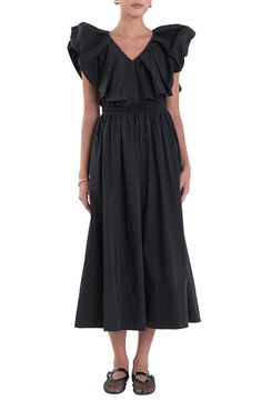 Eye-catching, voluminous ruffles give drama and height to the bodice of a striking dress with a twirly midi-length skirt. Hidden side-zip closure V-neck Extended shoulders Lined 65% cotton, 35% polyester Hand wash, dry flat Imported Spring Black Maxi Dress With Full Skirt, Black Full Skirt Maxi Dress For Spring, Spring Midi Dress With Ruffles And Flowy Skirt, Spring Black Full Skirt Maxi Dress, Chic Tiered Midi Dress With Flowy Skirt, Spring Black Flowy Midi Dress, Chic Flowy Tiered Midi Dress, Black Flowy Midi Dress For Spring, Chic Black Midi Dress With Flowy Skirt