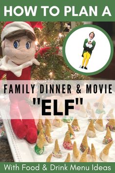 an elf is sitting in front of a christmas tree with food and drink menus