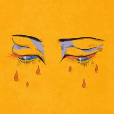 an artistic drawing of eyes with tears and tears on them, against a yellow background