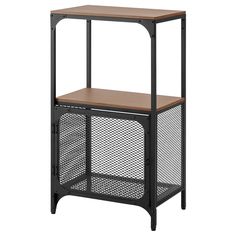 a black metal and wood shelf unit with mesh panels on the bottom, two shelves below