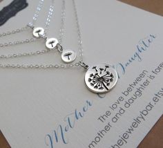 Mother 3 daughter jewelry, Dandelion charm necklace set, sterling silver or bronze, gift for mom, na Mother's Day Sterling Silver Necklace With Flower Charm, Sterling Silver Charm Necklace With Flower For Mother's Day, Adjustable Charm Necklace For Best Friend Gift, Hypoallergenic Necklaces For Best Friend Gift, Hypoallergenic Necklaces For Best Friend, Mother's Day White Gold Jewelry With Flower Charm, Adjustable Silver Jewelry Gift For Mom, Mother's Day White Gold Charm Necklace, White Gold Charm Necklace For Mother's Day