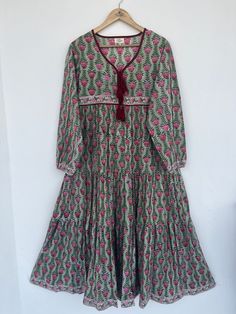 Women's floral printed maxi dress, bohemian green hand block printed long gown, Indian cotton long maxi, bohemian maxi dress, block print dress, beautiful gift for her, long maxi, Indian cotton dresses seller, boho maxi, floral dress, long dress, beautiful dress, party dress, vintage dresses, bohemian dresses, cotton dress, indian cotton dress, women dress, indian wholesale Feel beautiful and confident throughout your days wearing our block printed outfits, made with high quality soft and breath Bohemian Maxi Dress With Printed Motifs, Traditional Boho Maxi Dress With Floral Print, Bohemian Spring Maxi Dress With Printed Motifs, Traditional Boho Maxi Dress, Traditional Flowy Maxi Boho Dress, Traditional Flowy Boho Maxi Dress, Traditional Green Long Sleeve Maxi Dress, Traditional Long Sleeve Green Maxi Dress, Festive Bohemian Cotton Dress