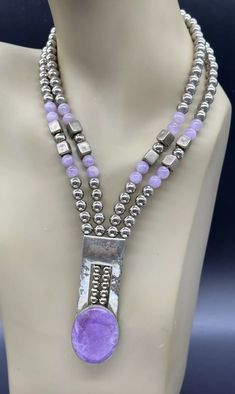 VINTAGE SILVER AMETHYST BEAD ARTISAN NECKLACE HAND MADE SIGNED FLORELLE 17" | eBay Artisan Purple Adjustable Necklace, Handmade Unique Amethyst Beaded Necklaces, Adjustable Large Beads Sterling Silver Jewelry, Unique Handmade Amethyst Beaded Necklaces, Adjustable Large Bead Sterling Silver Jewelry, Unique Purple Gemstone Bead Necklaces, Silver Jewelry With Silver Beads For Healing, Silver Costume Jewelry Necklace With Large Beads, One Of A Kind Silver Amethyst Jewelry