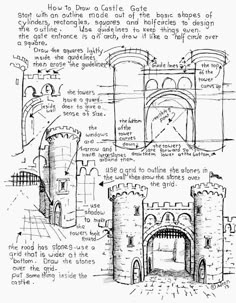 a drawing of an old castle with instructions on how to draw it and how to use it