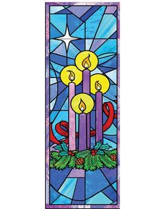 a stained glass window with three candles in the center and holly wreaths on it