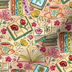 an illustration of books and flowers on a pink background