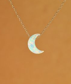 Moon necklace opal moon necklace crescent moon by BubuRuby Dainty Half Moon Necklace With Moon Charm, Dainty Necklace With Half Moon Charm, White Half Moon Celestial Jewelry, Dainty White Crescent Necklace, Delicate Half Moon Phase Necklace, Dainty Half Moon Phase Necklace, Delicate Half Moon Necklace With Moon Phase, Minimalist White Crescent Necklace, Delicate Half Moon Necklace With Moon Phase Detail