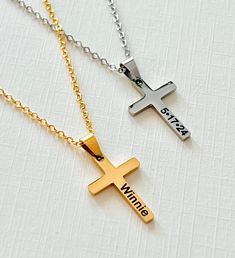 Introducing our Women's Laser Engraved Cross Necklace, a perfect religious gift for faith gift for her. Each delicate cross pendant is meticulously crafted and can be customized with a name or special date, making it a meaningful keepsake. Ideal for honoring a significant religious milestone, this necklace combines elegance with sentimentality, sure to be treasured for years to come.  Great for baptisms, communions, faith gift, or just a little encouragement! Choose the necklace only, or choose Cross Pendant Jewelry With Name For Gift, Name-engraved Cross Pendant Jewelry Gift, Name Engraved Cross Pendant Jewelry For Gift, Name Engraved Cross Pendant Jewelry Gift, Name Necklace With Cross Pendant For Gift, Name Engraved Cross Necklaces For Anniversary, Custom Name Cross Jewelry For Gift, Anniversary Cross Necklace With Name, Personalized Cross Necklace Pendant As Gift