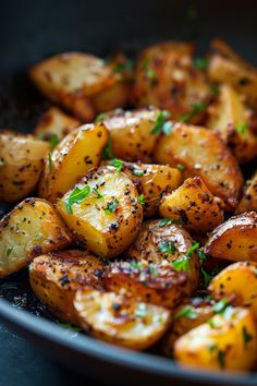 Roasted potatoes garnished with fresh herbs. How To Parboil Potatoes, Seasoned Fried Potatoes, Fried Potatoes With Eggs, Garlic Fried Potatoes, Easy Pan Fried Potatoes, Breakfast Fried Potatoes, Best Fried Potatoes Recipes, Homemade Fried Potatoes, Fried Potatoes Skillet