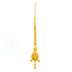 The Gorgeous Dressy 22k Gold Tikka, weighing 8.8 grams, is a splendid piece that combines traditional elegance with a touch of modern flair. Crafted from 22k gold, it features a lustrous yellow gold finish, highlighting the detailed craftsmanship. The tikka extends to a length of 6 inches, making it a prominent and stylish accessory. It comes equipped with a hook clasp, ensuring ease of wear and security. Ideal for those who desire a blend of classic beauty and contemporary design in their jewel Elegant Ceremonial Tikka With Tilla Detailing, Elegant Yellow Jewelry For Puja, Elegant Ceremonial Tikka With Intricate Design, Gold Kundan Tikka With Cutdana, Elegant Zari Work Tikka For Puja, Festive Yellow Gold Kundan Tikka, Gold Chandbali Tikka With Zari Work, Elegant 22k Gold Temple Necklace For Puja, Elegant Gold Tikka For Navratri