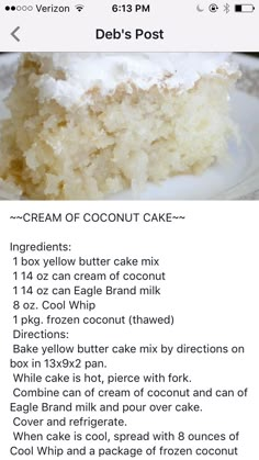 a piece of cake that is sitting on a plate with the recipe below it,