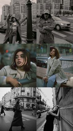 the collage shows two women in different outfits and one is wearing a trench coat