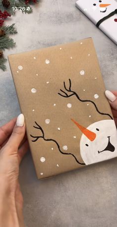 a hand holding a christmas card with a snowman on it