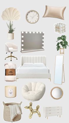 a collage of white furniture and accessories including a bed, chair, mirror, lamp, plant