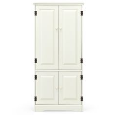 a tall white cabinet with two doors