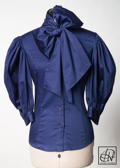 Tawni Haynes - Navy Stretch Cotton Bow Blouse Classic Fitted Blouse With Bow, Chic Blue Tops With Bow, Luxury Fitted Blouse With Bow, Luxury Long Sleeve Blouse With Bow, Luxury Button-up Blouse With Ruffles, Comfy Blouse, Church Attire, Bow Blouse, Casual Jumpsuit