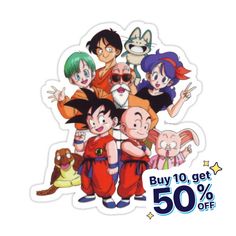 an image of cartoon characters with the text buy 10 get 50 % off on this sticker