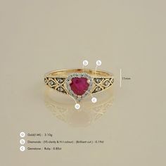 Gold(14K) : 3.10g Diamonds : (VS clarity & H-I colour) : (Brilliant cut ) : 0.19ct Gemstone : Ruby : 0.85ct Vvs Clarity Diamond Heart Cut Ring, Diamond White Ruby Ring With Center Stone, Heart Cut Diamond Halo Ring For Anniversary, Yellow Gold Brilliant Cut Emerald Promise Ring, Emerald Cut Diamond Birthstone Ring With Halo Setting, Ruby Rings With Brilliant Cut In Diamond White, Yellow Gold Sapphire Ring With Halo Diamond Design, Emerald Cut Halo Diamond Promise Ring, Brilliant Cut Ruby Rings In Diamond White