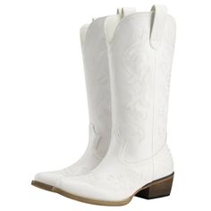 Rollda Cowboy Boots for Women Western Cowgirl Boots with Chunky Heel Ladies Snip Toe Mid-Calf Boots Size: 9.5.  Color: White.  Gender: female.  Age Group: adult. Western Martin Boots With Round Toe, Fitted Western Martin Boots With Round Toe, White Boots For Summer Rodeo, White Summer Boots For Rodeo, White Summer Rodeo Boots, White Country Boots For Fall, White Casual Boots For Rodeo, Casual White Boots For Rodeo, White Mid-calf Boots For Winter Rodeo