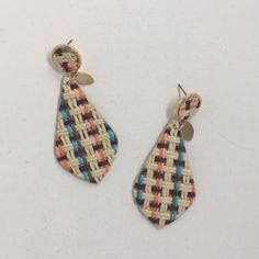 Multicolor Woven Earrings Cream, Blue, Pink, Orange, And Brown. Casual Multicolor Teardrop Earrings, Multicolor Woven Drop Earrings, Multicolor Teardrop Earrings For Spring, Spring Multicolor Teardrop Earrings, Multicolor Casual Earrings For Spring, Casual Multicolor Earrings For Spring, Woven Earrings, Earrings Color, Pink Orange