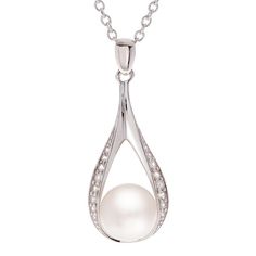 "Adorn yourself in the beauty of this sterling silver necklace. A freshwater cultured pearl dangling inside a cubic zirconia-accented teardrop makes it a captivating choice. Adorn yourself in the beauty of this sterling silver necklace. A freshwater cultured pearl dangling inside a cubic zirconia-accented teardrop makes it a captivating choice. PENDANT DETAILS Chain length: 18-20 in. Pendant length: 1.25 in. Clasp: lobster-claw Metal: sterling silver Finish: polished Plating: rhodium Packaging: Elegant Teardrop Drop Necklace For Anniversary, White Gold Drop Pearl Necklace, Elegant Silver Teardrop Drop Necklace, White Gold Pearl Necklace With Teardrop Pendant, Elegant Sterling Silver Teardrop Pendant Pearl Necklace, Elegant Sterling Silver Pearl Necklace With Teardrop Pendant, White Gold Teardrop Pearl Necklace, Elegant Teardrop Sterling Silver Pearl Necklace, Elegant Sterling Silver Teardrop Pearl Necklace