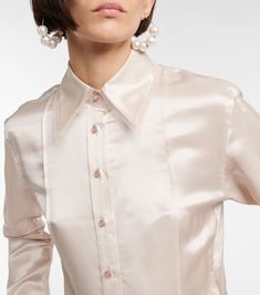 Acne Studios - Satin shirt | Mytheresa Luxury Long Sleeve Satin Shirt, Elegant Silk Shirt For Work, Elegant Silk Shirt For Workwear, Silk Shirt With Hidden Button Closure, Silk Shirt With Hidden Button Closure And Long Sleeves, Designer Silk Collared Shirt, Elegant Silk Shirt For Formal Occasions, Elegant Silk Shirt With Hidden Button Closure, Elegant Silk Button-up Shirt