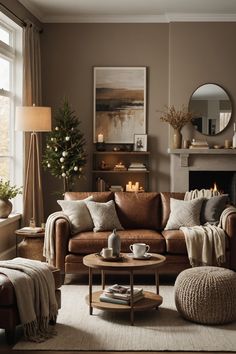 a living room filled with furniture and a fire place next to a large window in front of a fireplace