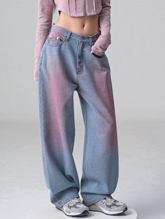 This product stands out with its playful pink brush strokes that add a pop of color to the classic denim pants. Tailored to blend artistic flair with casual comfort, these pants feature a relaxed fit that ensures ease of movement. The striking design makes it a bold choice for those looking to make a statement with their wardrobe. - Crafted with a soft, breathable denim fabric for all-day comfort.- Boasts a generous, roomy cut that doesn't restrict movement, making it perfect for a variety Light Denim Aesthetic, Fun Denim Jeans, Pants With Hip Cutouts, Pink And Blue Fashion, Girly Korean Fashion, Custom Pants Ideas, Hyperpop Fashion, Lengthen Jeans, Kinds Of Pants