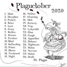 a drawing of a woman in a dress and hat with the words plaguetober on it