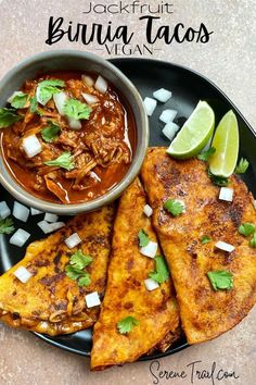 Plate with birria consomme and jackfruit tacos. Jackfruit Birria, Quesabirria Tacos, Vegan Entree Recipes, Vegan Jackfruit, Tacos Vegan, Jackfruit Recipes, Birria Tacos, Chile Sauce, Vegan Mexican Recipes