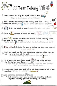 a handout with the words top 10 test taking tips on it, and an image of