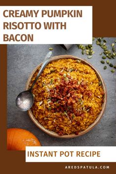 a bowl filled with pumpkin risotto and topped with bacon