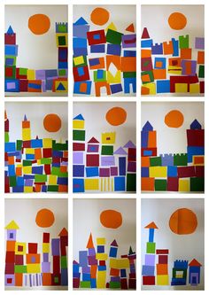 several pictures of different shapes and sizes of buildings made out of construction paper with orange circles around them