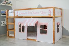 By adding curtains to your Ikea Kura bed, you can turn it into a cozy place for playing, reading or sleeping. It creates an amazing atmosphere for your child. You can create a pretend Ice Cream Shop for your little one. For these curtains you need rods, you can find them here: https://www.etsy.com/listing/1402986658/ikea-kura-bed-curtains-rod-wooden-rod?click_key=615cb5c29eee64aabde59cd0629eb4ce70490faf%3A1402986658&click_sum=aa5a1b5b&ref=shop_home_active_23&crt=1 With curtain you will get self- Kura Curtains, Tent Canopy Bed, Cama Ikea Kura, Bunk Bed Curtains, Loft Bed Curtains, Ice Cream Play, Shop Curtains, Bunk Bed Canopy, Ikea Kids Room