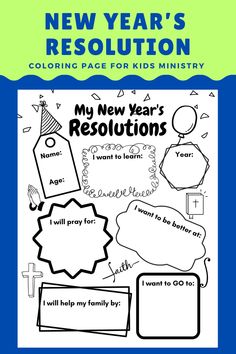 the new year's resolution coloring page for kids is shown in blue and green