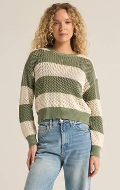 Women's Striped Crochet Sweater Z Supply Broadbeach Stripe Sweater Keep cozy this season with the Broadbeach Stripe Sweater! Whether you choose the captain navy or putty hue, this cropped cutie will keep you looking stylish. With a crew neckline and a bold striped crochet knit, this fun sweater will have you feeling comfy and looking cute! Cap'n up your wardrobe this season! Shop more from Z Supply here. Details Available in sizes XS-L Crew neckline Cropped Striped crochet knit Length from shoul Moroccan Oil Hair, Palm Green, Short Loungewear, Long Sleeve Outerwear, Sweater Sale, Cool Sweaters, Fitted Sweater, Short Sleeved Sweaters, Sweater Knit