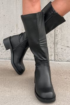 Color: Black Faux Leather Uppers Full-Length Zipper Square Toe 2" Heel Very Narrow Fit Length Runs True To Size Launched: 10/6/23 Heeled Black Boots Outfit, Womens Boots Tall, Little Black Boots, Cute Black Boots, Accessories Closet, Womens Tall Boots, Black Boots Outfit, Leather Boots Black, Faux Leather Boots