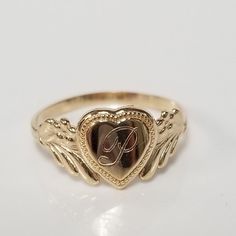 Estate 14k Yellow Gold Monogram Cursive P Capital Heart Midi Victorian Antique Style Ring BR01-30 Cursive P, Initial P, Beach Rings, Antique Style Rings, Gold Monogram, Diamond Rings Bands, Diamond Eternity, Cz Diamond, Antique Rings