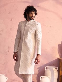 SHRESTHA By VASTRAMAY Men's Cream Georgette Embellished Indo Only Top Men Cream, Looking Dapper, Georgette Fabric, A Stand, Full Sleeves, Full Sleeve, Welt Pockets, Welt Pocket, Stand Collar