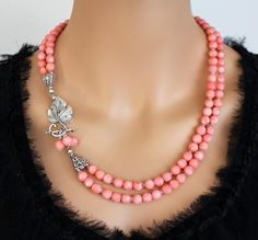 Genuine Italian Pink Coral Luxury Lariat Statement Necklace Double Stranded Natural Coral Artisan Je Round Beads Single Strand Lariat Necklace As Gift, Lariat Necklace With Round Beads As Gift, Pink Double Strand Necklace For Gift, Elegant Coral Round Bead Necklaces, Elegant Coral Gemstone Beaded Necklaces, Elegant Coral Beaded Necklaces, Elegant Coral Beaded Necklaces With Gemstone, Elegant Coral Necklaces With Gemstone Beads, Coral Gemstone Beads Necklace For Gift