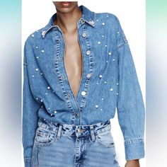 Viral Button Down Denim Shirt Pearl Beading Collared Top Womens Chambray Shirt, Denim And Diamonds, Pearl Beading, Long Sleeve Denim Shirt, Romper And Jacket, Beaded Collar, Chambray Shirt, Denim Fabric, Denim Shirt