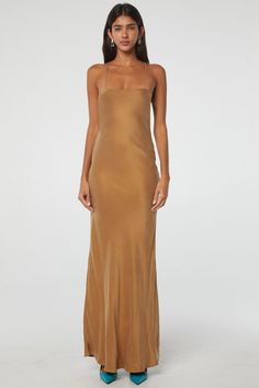 Elisa Bias Cut Dress - Camel | The Line by K Fitted Chic Modal Satin Maxi Dress, Silk Slip Dress With Side Slits For Evening, Evening Slip Dress With Side Slits And Straight Neckline, Fitted Silk Satin Dress With Side Slits, Bias Cut Evening Dresses For Fall, Chic Silk Slip Dress With Side Slits, Fitted Bias Cut Dresses For Fall, Elegant Slip Dress For Date Night In Fall, Elegant Bias Cut Fall Dresses