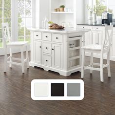 a kitchen with white cabinets and wooden floors