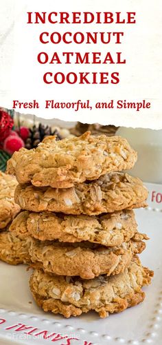 a stack of oatmeal cookies sitting on top of a white platter