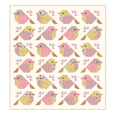 a quilt pattern with pink and gold birds on the front, one bird is in the middle